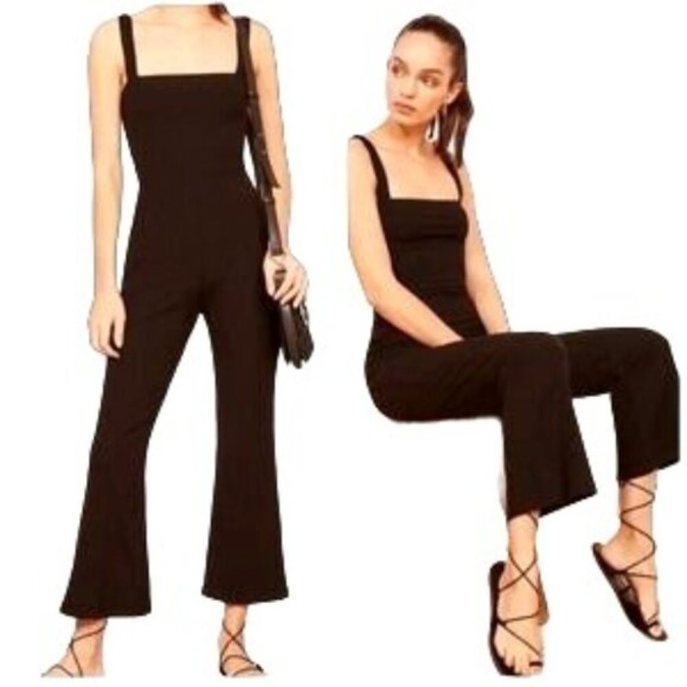 Reformation Women Minimalist Chic Essie Jumpsuit L Black Ribbed Flare Leg Straps